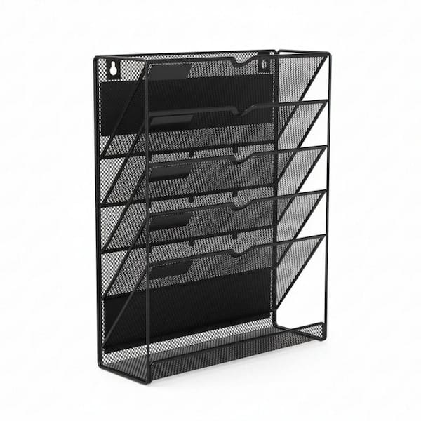 12.6 in. x 4.2 in. 6-Tier Black Metal Wall Magnetic File Holder Magazine Rack No Drilling