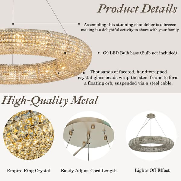 ALOA DECOR 41in. 18-Light Glam Halo Round Chandelier with Crystal Beads ...