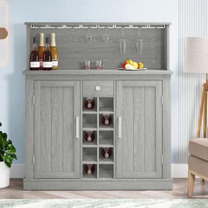 47 in. Grey Wood Buffet Bar Cabinet with Wine Rack with Wood Pattern Countertop