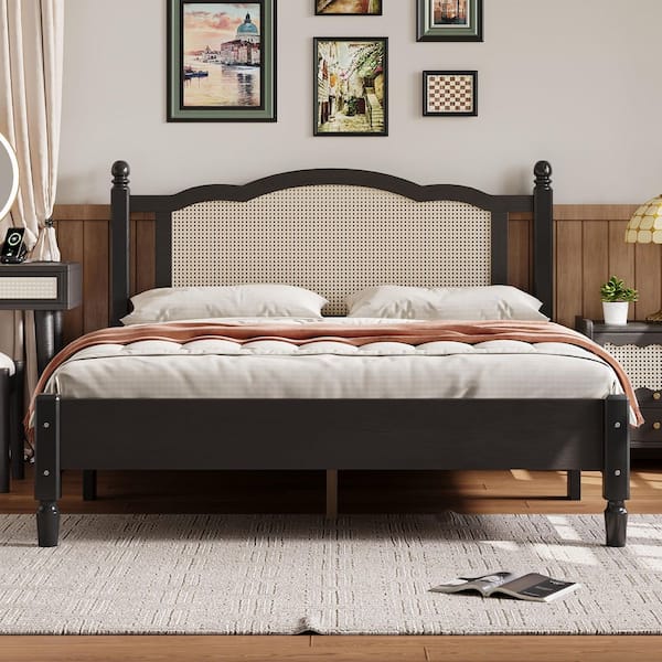 Noble House Regina Black Wood Frame Queen Size Platform Bed with Rattan Headboard