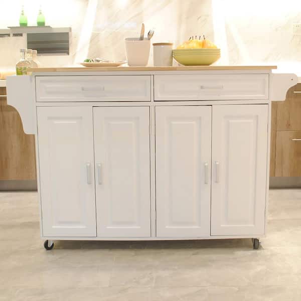 White MDF Kitchen Cart with Adjustable Shelves and Durable Rubber Wood Top