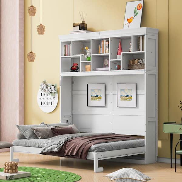 White Wood Frame Queen Size Murphy Bed with Top Shelves & USB