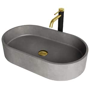 Concreto Stone 24 in. Concrete Oval Vessel Bathroom Sink in Gray with Lexington Faucet and Pop-Up Drain in Matte Gold
