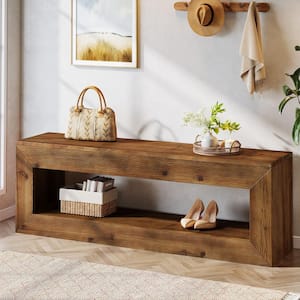 47 in. Brown Solid Wood Entryway Bench Farmhouse Indoor Bench Seat with Storage Shelf for Entrance, Hallway, End of Bed