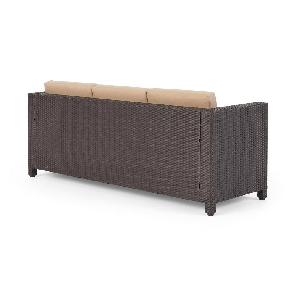 Transitional 3-Seater Dark Brown Wicker Outdoor Sofa with Beige Cushions