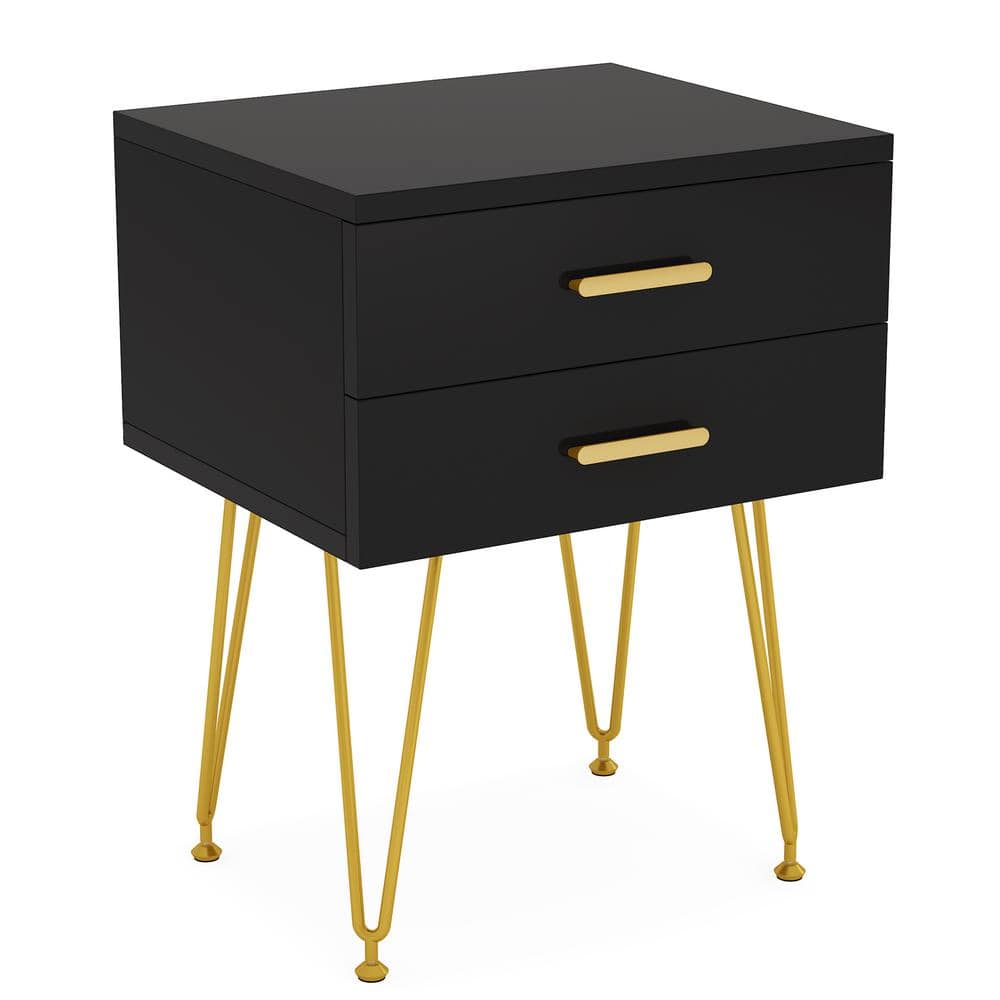 Tribesigns 2Drawers Black Gold Wood Nightstand Bedside Table with Hairpin Metal Legs 15.75 in