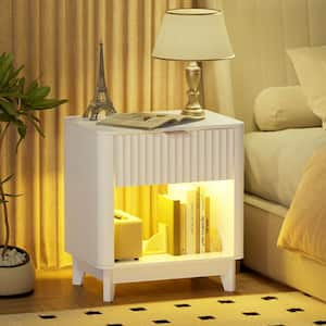 LED Night Stand, Bedside Tables With 1-Drawer Modern LED End Side Tables Bedroom Nightstands Curved Profile Design White