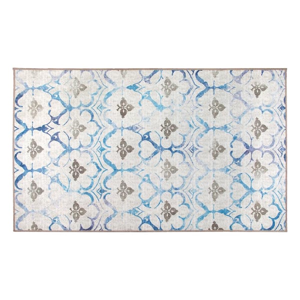 My Magic Carpet Leilani Damask Beige Blue 3 ft. x 5 ft. Machine Washable Accent Rug