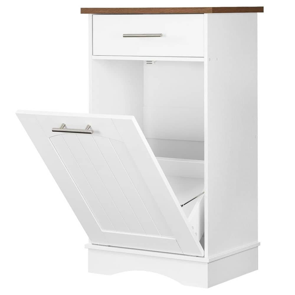 Engineered Wood Tilt Out Trash Bin Cabinet with Flip Door Large Drawer Hidden Laundry Hamper White Walnut