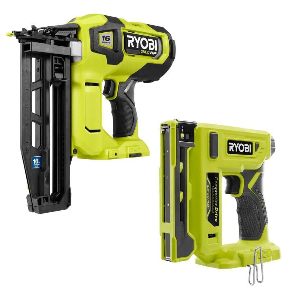 RYOBI ONE+ HP 18V Brushless Cordless 16-Gauge Straight Finish Nailer (Tool Only) with ONE+ 18V Cordless 3/8 in. Crown Stapler (PBL370B-P317)