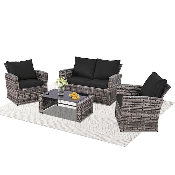 4-Piece Flower Gray Wicker Patio Conversation Set with Black Cushions and Coffee Table for Outside, Garden