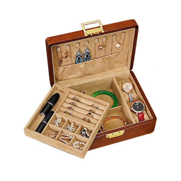 Unbranded Solid Walnut Jewelry Box with Lock, 2-Layer Velvet Organizer for Men and Women (Khaki), 9.1 in. x 7.1 in. x 3.3 in.