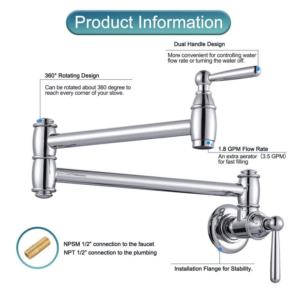 Chrome Wall-Mounted Double Handle Pot Filler Faucet