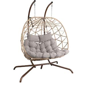 58.7 in. 2-Person Brown Metal Patio Swing with Stand and Cushions Outdoor Egg Swing Chair