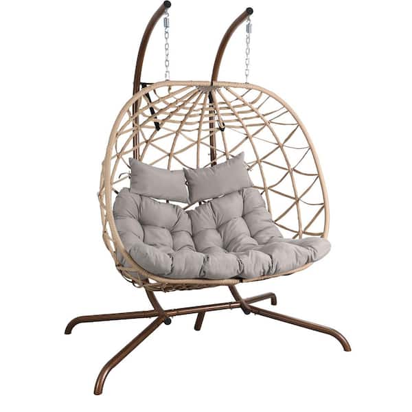 NOBLEMOOD 58.7 in. 2-Person Brown Metal Patio Swing with Stand and Cushions Outdoor Egg Swing Chair
