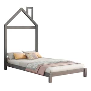 42.30 in. W Twin Size Wood Platform Bed in Gray with House-shaped Headboard