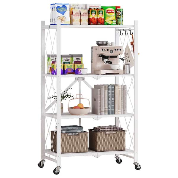 4-Tier Foldable Metal Storage Rack with 3 Hooks, White Shelving Unit