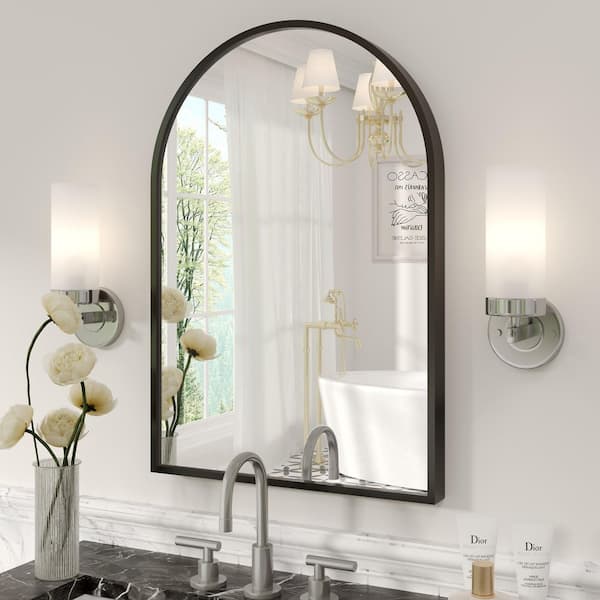 16 in. W x 24 in. H Arched Aluminum Alloy Framed French Cleat Mounted Wall Decor Bathroom Vanity Mirror in Matte Black