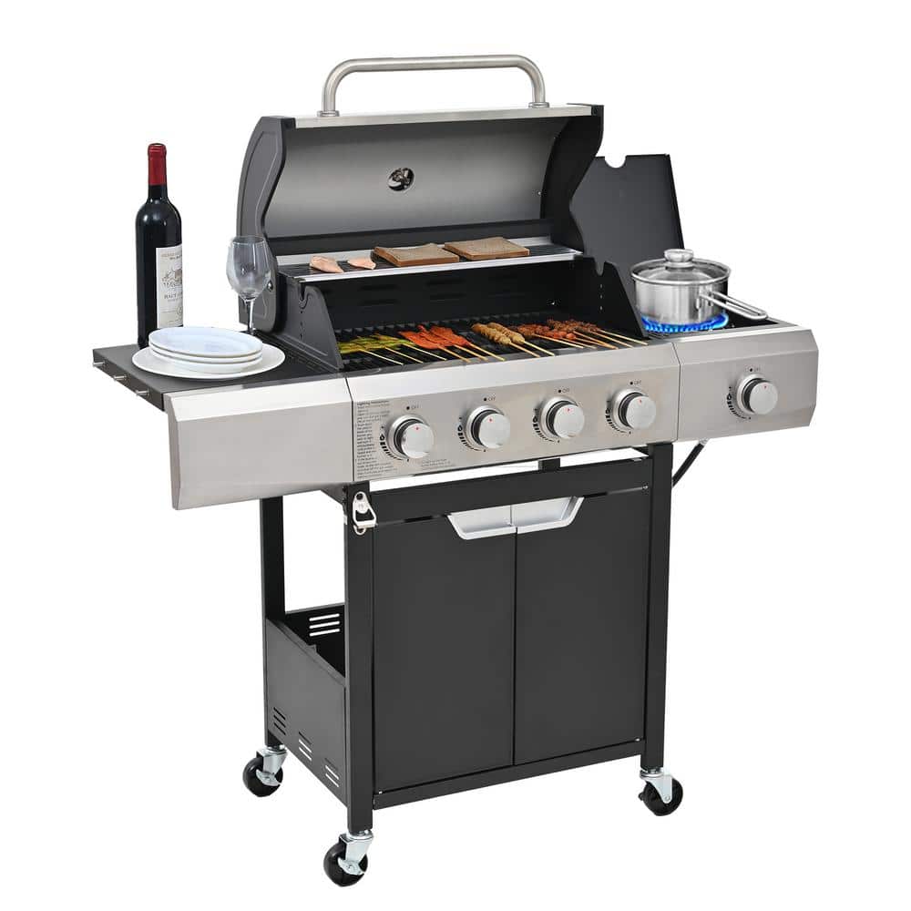 4-Burner Stainless Steel Propane Grill with Side Burner and Cover