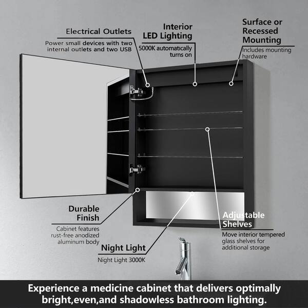 Satico 24 in. W x 32 in. H Rectangular Aluminum Medicine Cabinet with Mirror