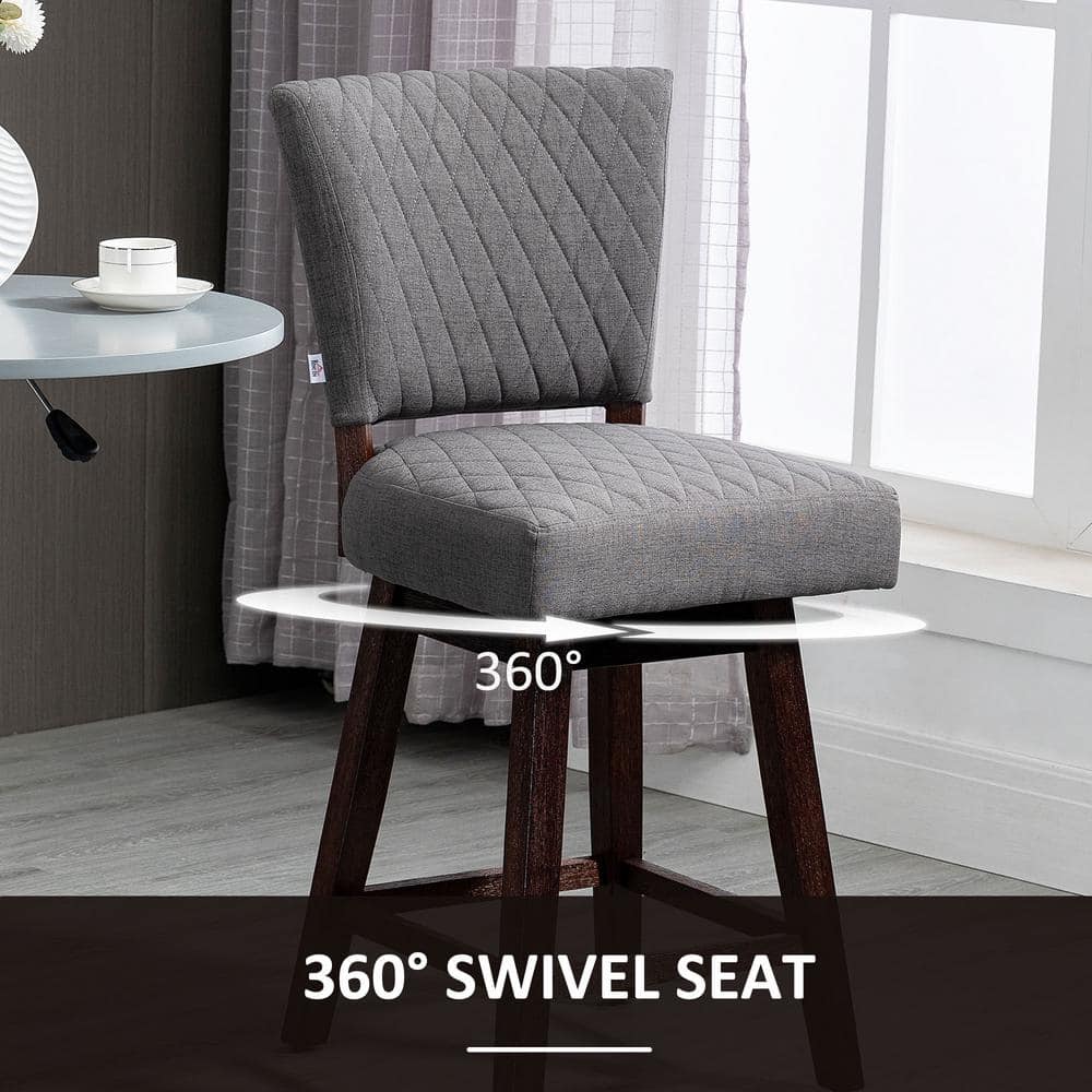 Gray Quilted Swivel Bar Stools with Rubberwood Legs, Set of 2