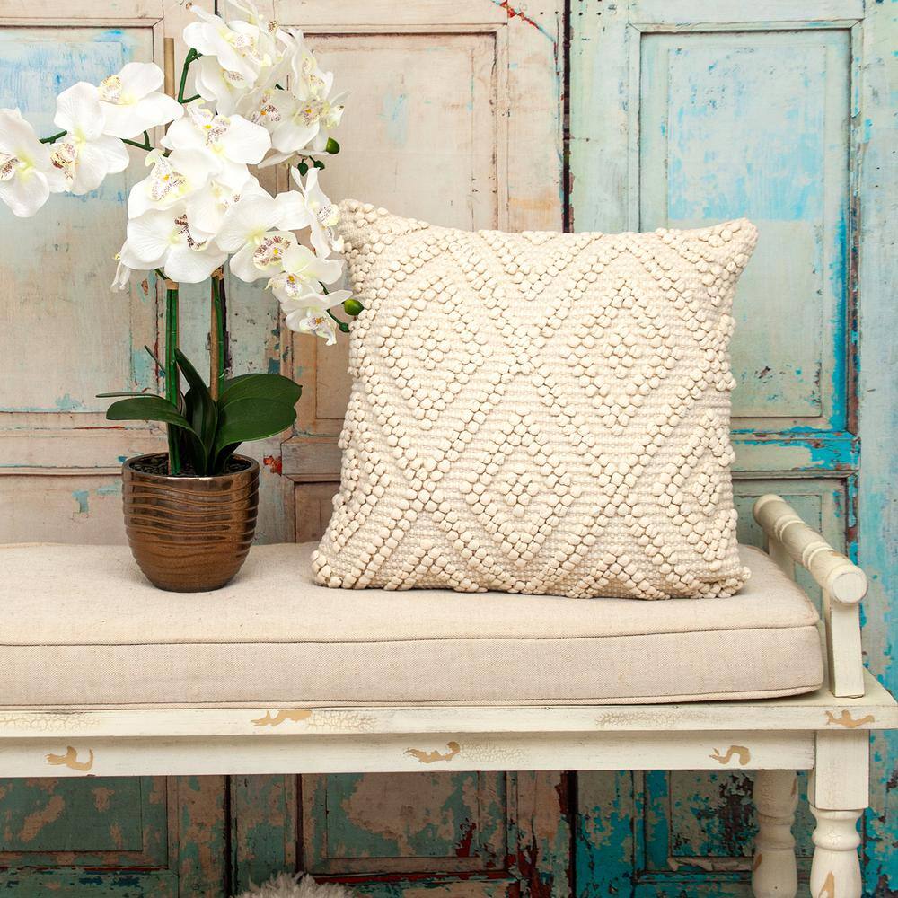 Off-White Cotton Geometric 20" Square Pillow