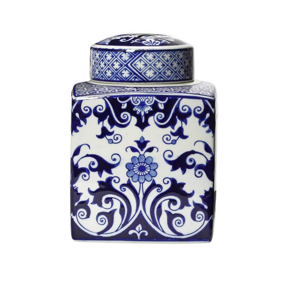 Blue and White Floral Ceramic Ginger Jar with Lid