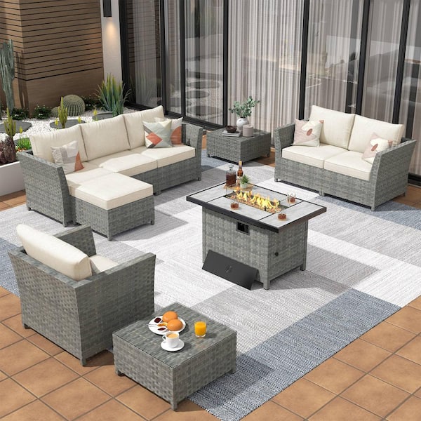 XIZZI Yosemite Gray 10-Piece Wicker Outerdoor Patio Rectangular Fire Pit Set with Beige Cushions