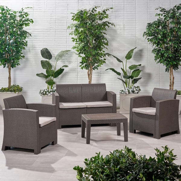Unbranded Brown 4-Piece Wicker Patio Conversation Set, Outdoor Rattan Style Chat Set with Mix Beige Water Resistant Cushions