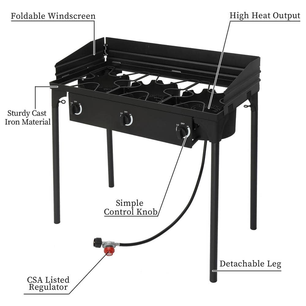 Portable Black 3-Burner Propane Gas Grill with Folding Shelves