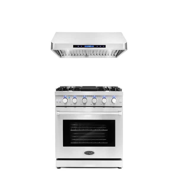 Cosmo 2PC Kitchen Package with 30" Freestanding Gas Range with 5 Burners and 30" Under Cabinet Range Hood in Stainless Steel