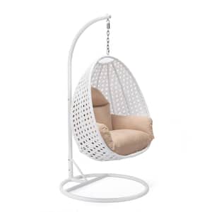 White Wicker Indoor Outdoor Hanging Egg Swing Chair For Bedroom and Patio with Stand and Cushion in Beige