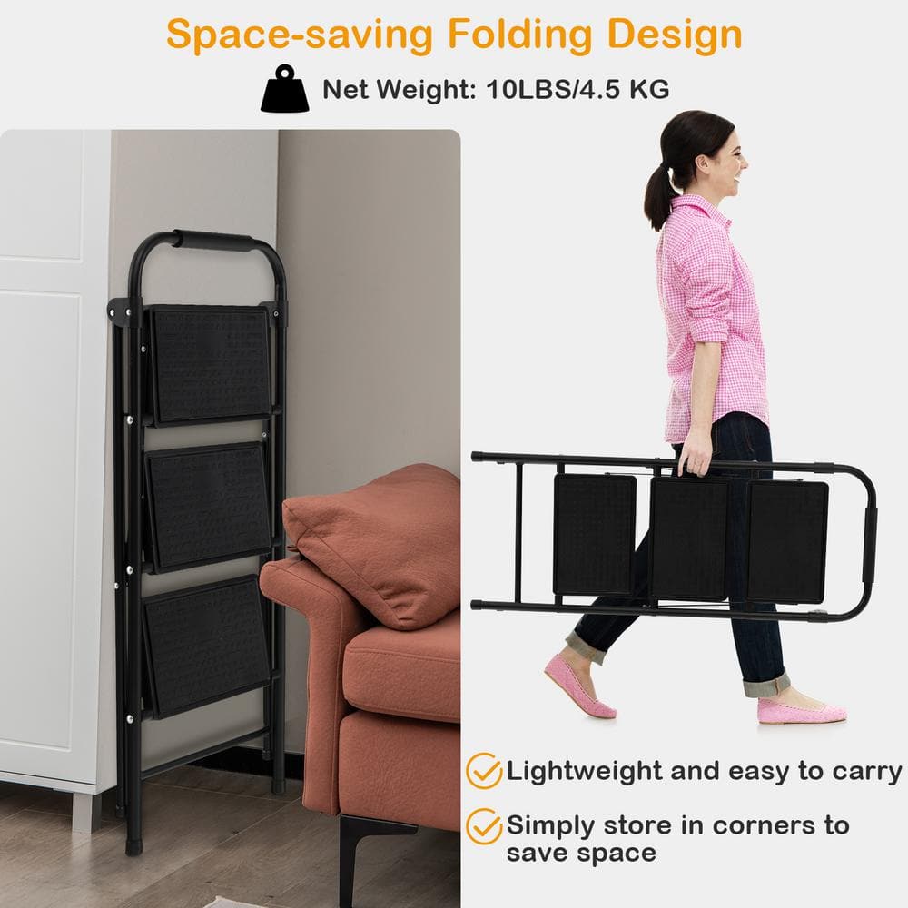 Black Metal Folding 3-Step Ladder with Anti-Slip Pedals