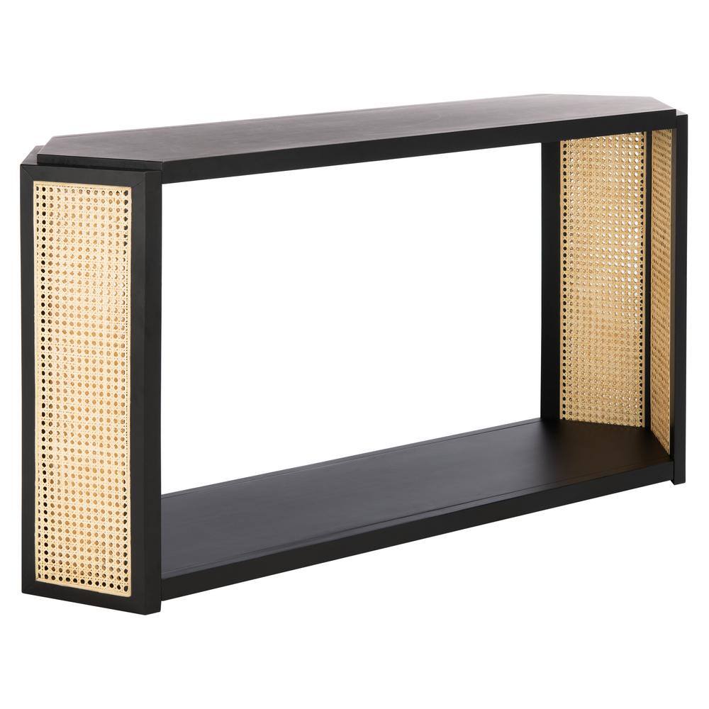 Black Wood Console Table with Woven Rattan Sides