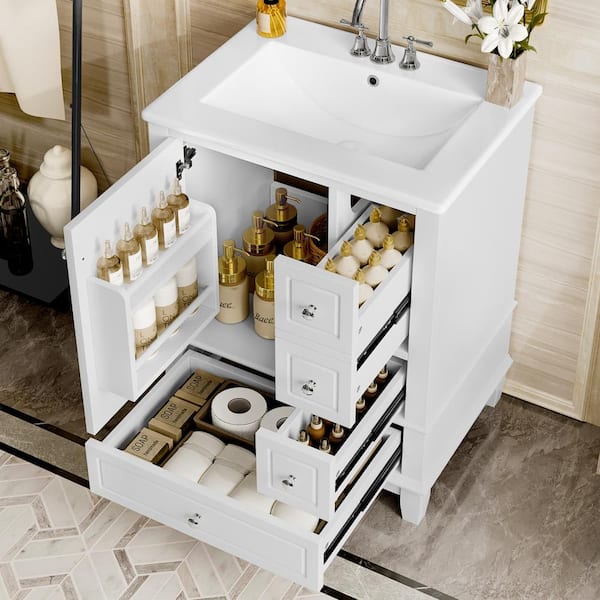 24" White Freestanding Bathroom Vanity with Sink, Ceramic Top, Storage Shelves, MDF & Solid Wood Base