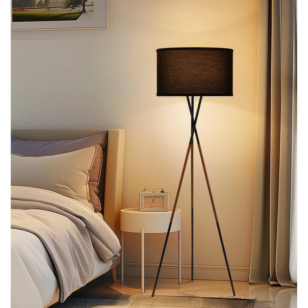 Black Tripod Floor Lamp with Fabric Shade and Faux Leather Accents