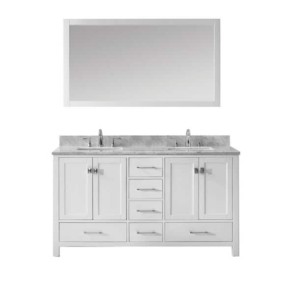 Virtu USA Caroline Avenue 60 in. W Bath Vanity in White with Marble Vanity Top in White with Square Basin and Mirror