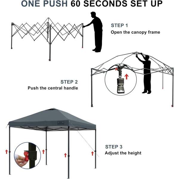 Unbranded - 10 ft. x 10 ft. Dark Gray Pop Up Canopy Tent with Central Push Handle, Adjustable Legs, Air Vent, Weight Bags, Stakes