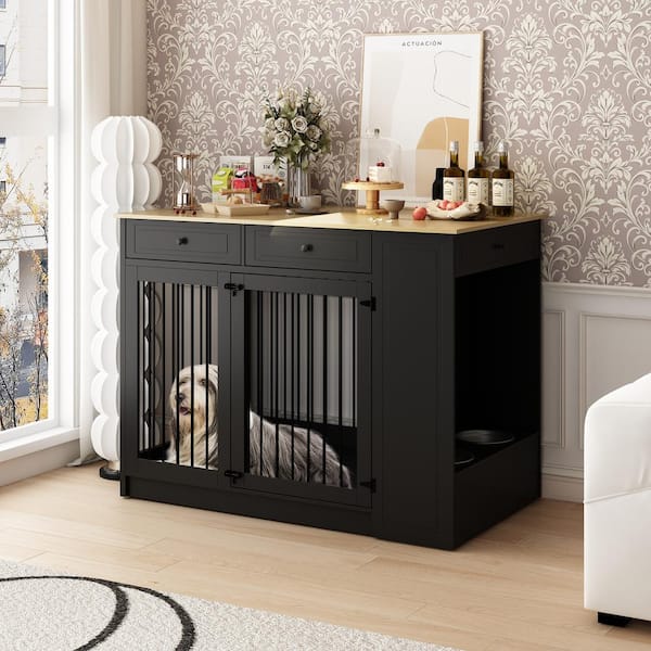 WIAWG Large Dog Kennel Furniture, Indoor Pet Crate End Table Decorative Dog House Dog Cage with3 Drawers and 2 Dog Bowls,Black