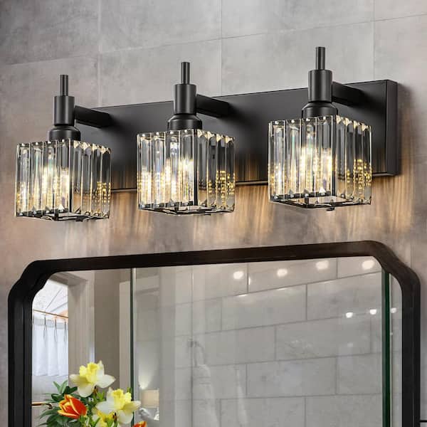 EDISLIVE Orillia 19.7 in. 3-Light Modern Black Bathroom Vanity Light with Crystal Shades