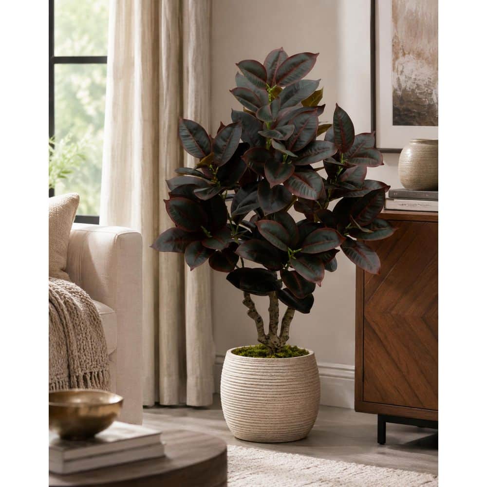 StyleWell 2.9 ft. Artificial Burgundy Rubber Fig Tree in White Pot