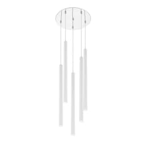 Forest 5 W 5 Light Chrome Integrated LED Shaded Chandelier with Matte White Steel Shade