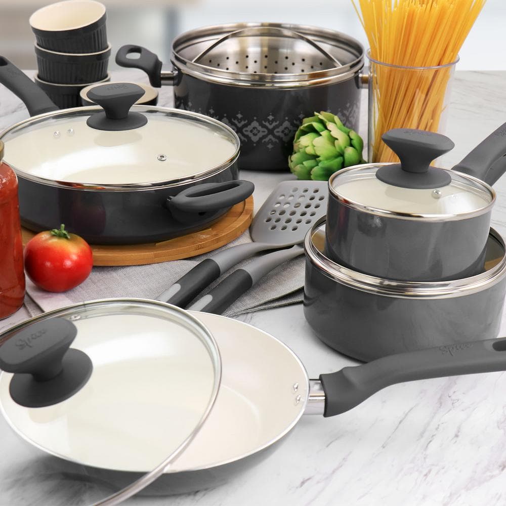 Gray 16-Piece Nonstick Ceramic Cookware Set with Enamel Finish