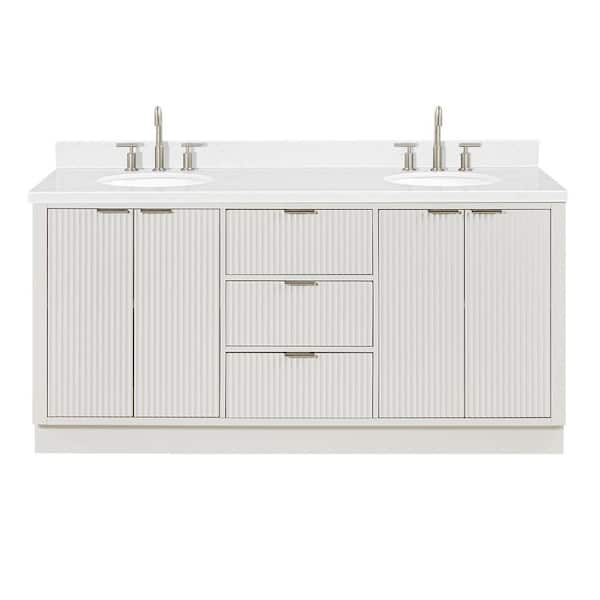 Milan 72 in. W x 21.5 in. D x 36 in. H Double Sink Freestanding Bath Vanity in Warm White with Carrara White Quartz Top