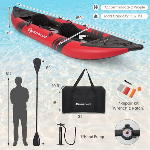 Red Inflatable Water Float Set Portable 2-Person Kayak with Aluminium Oars EVA Padded Seat