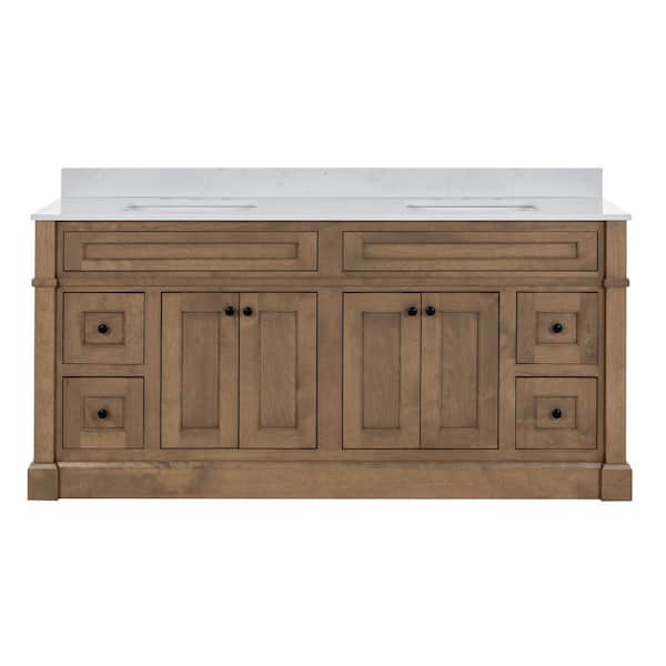 Horsham 73 in. Double Sink Driftwood Brown Freestanding Bath Vanity with Mineral White Quartz Top Assembled