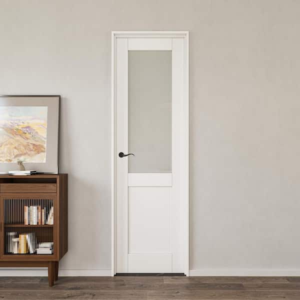 24 in. x 80 in. 1/2-Lite Frosted Glass Right-Handed White Solid Core Single Door with Quick Assemble Jamb Kit