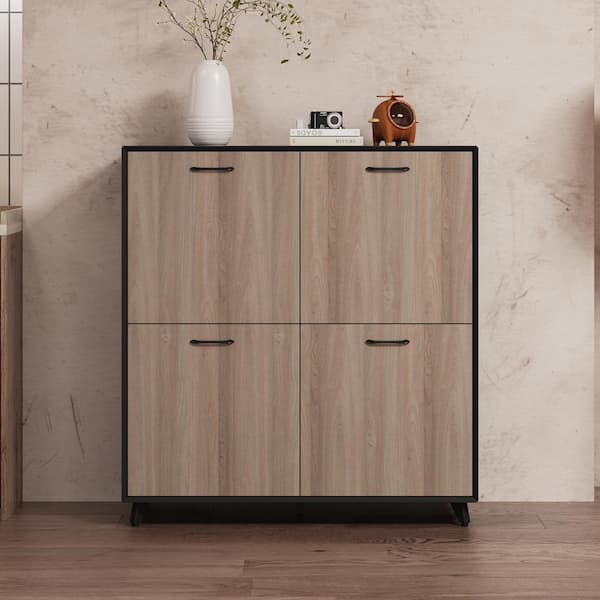 Black and Gray Wood Grain Wooden 43.3 in. W x 46.5 in. H Sideboard, Bookcase with 8-Adjustable Shelves and 4-Doors