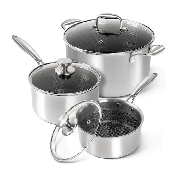 6-Piece Stainless Steel Cookware Set Tri-Ply Construction Honeycomb Nonstick Interior Induction Oven Dishwasher Safe