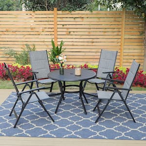 Black 5-Piece Metal Slat Round Square Table Patio Outdoor Dining Set with Gery Folding Reclining Padded Sling Chairs